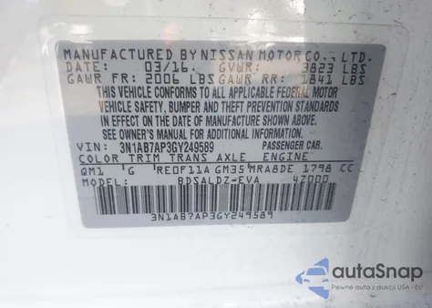 2016 Nissan Sentra Sv z USA, uszkodzony, nr VIN 3N1AB7AP3GY249589